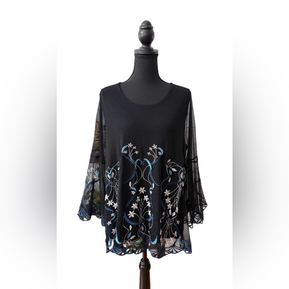 Alfani Black Top with Blue and White Floral Design
